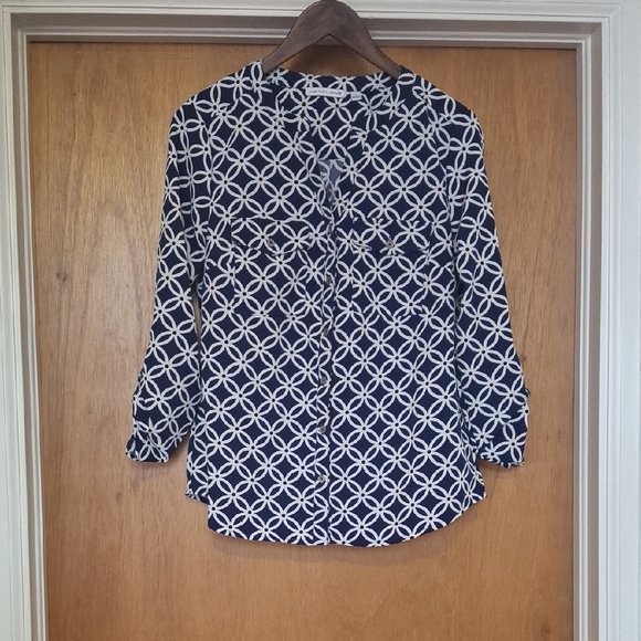 Notations Tops - Notations Navy & White Geometric Blouse